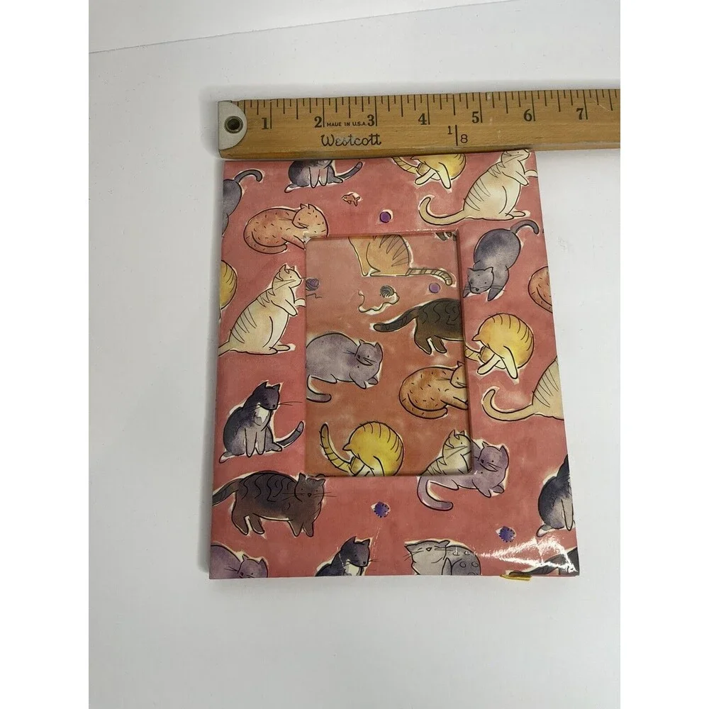 Vintage Cat Print Cartoon Cardboard Coral Red Photo Frame Holds 4